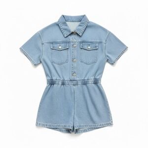 Denim Romper Womens Large Blue Light Wash Utility Short Sleeve Summer Jumpsuit